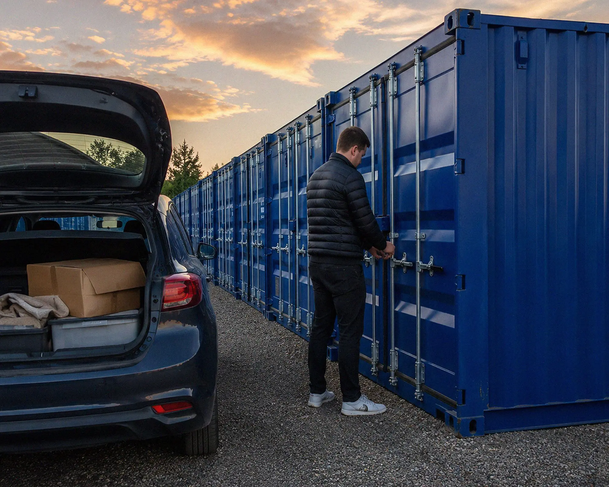 6 Man opening a blue self storage unit beside a car loaded with boxes